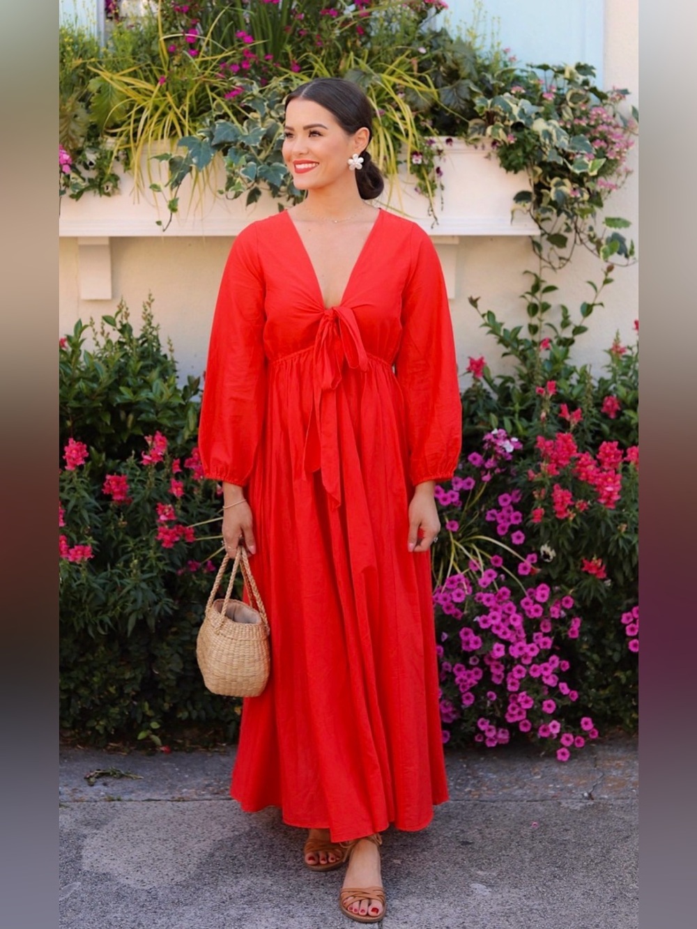 J.Crew Red Tie-Front Long Sleeve Maxi Dress